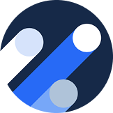 Logotipo geométrico abstracto con rayas diagonales y círculos en tonos azules, blancos y grises dentro de una insignia circular de color azul oscuro.