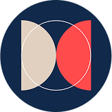 Logo abstracto con dos semicírculos opuestos en tonos beige y coral, cruzados por un fino anillo blanco sobre un fondo circular azul oscuro.